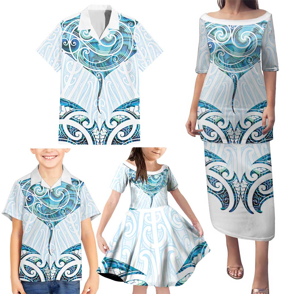 New Zealand Manta Ray Tattoo Family Matching Puletasi and Hawaiian Shirt Aotearoa Maori Haehae Paua Shell - Polynesian Pride