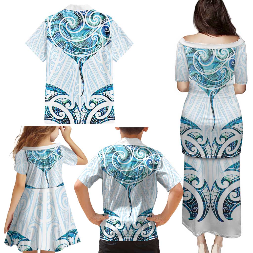 New Zealand Manta Ray Tattoo Family Matching Puletasi and Hawaiian Shirt Aotearoa Maori Haehae Paua Shell - Polynesian Pride