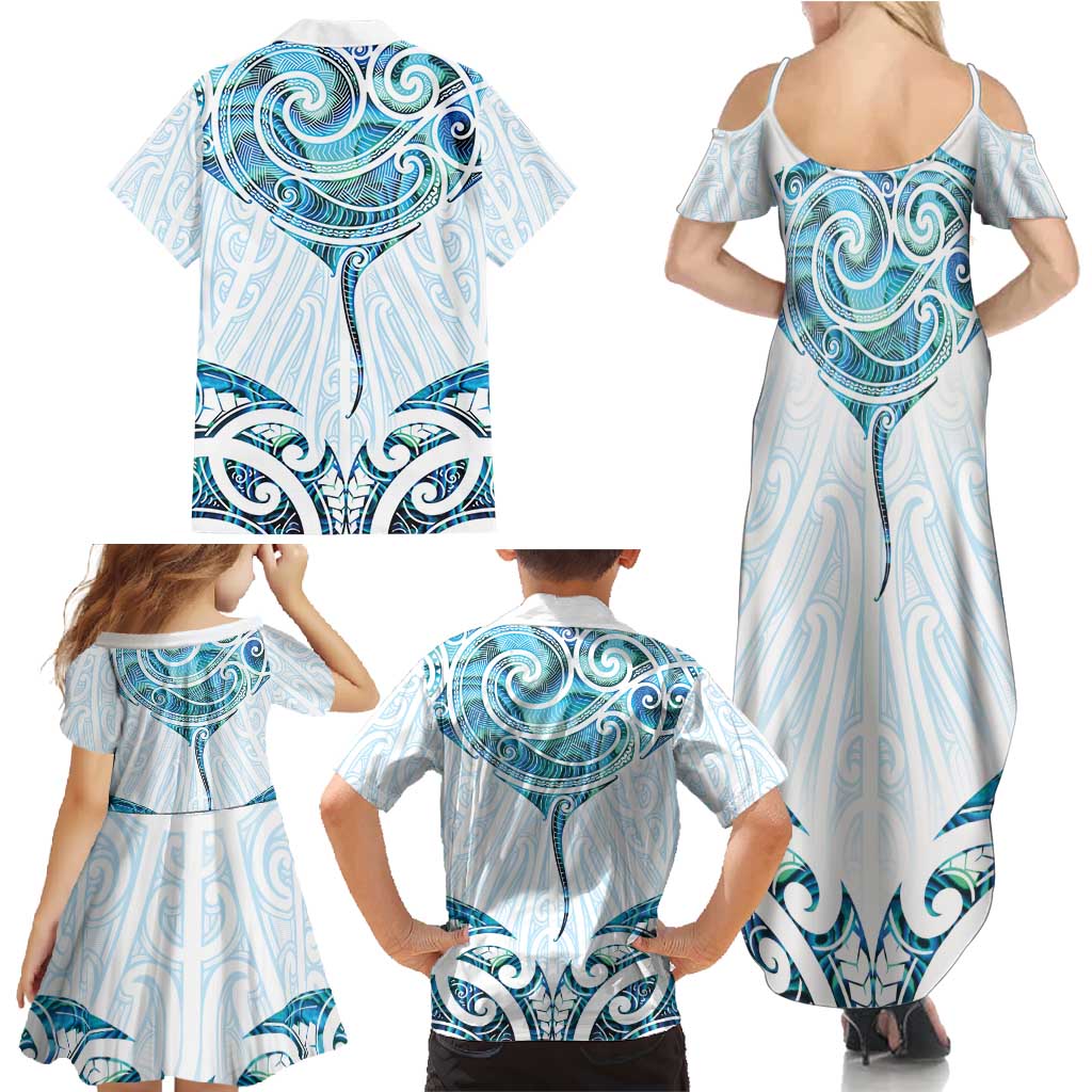 New Zealand Manta Ray Tattoo Family Matching Summer Maxi Dress and Hawaiian Shirt Aotearoa Maori Haehae Paua Shell - Polynesian Pride