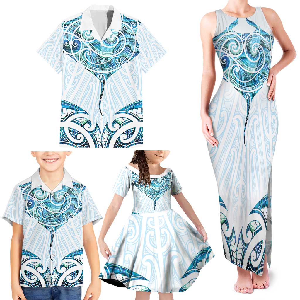 New Zealand Manta Ray Tattoo Family Matching Tank Maxi Dress and Hawaiian Shirt Aotearoa Maori Haehae Paua Shell - Polynesian Pride