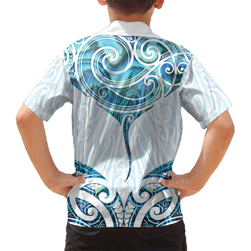 New Zealand Manta Ray Tattoo Kid Hawaiian Shirt Aotearoa Maori Haehae Paua Shell - Polynesian Pride