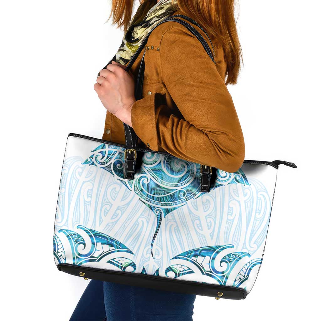 New Zealand Manta Ray Tattoo Leather Tote Bag Aotearoa Maori Haehae Paua Shell - Polynesian Pride