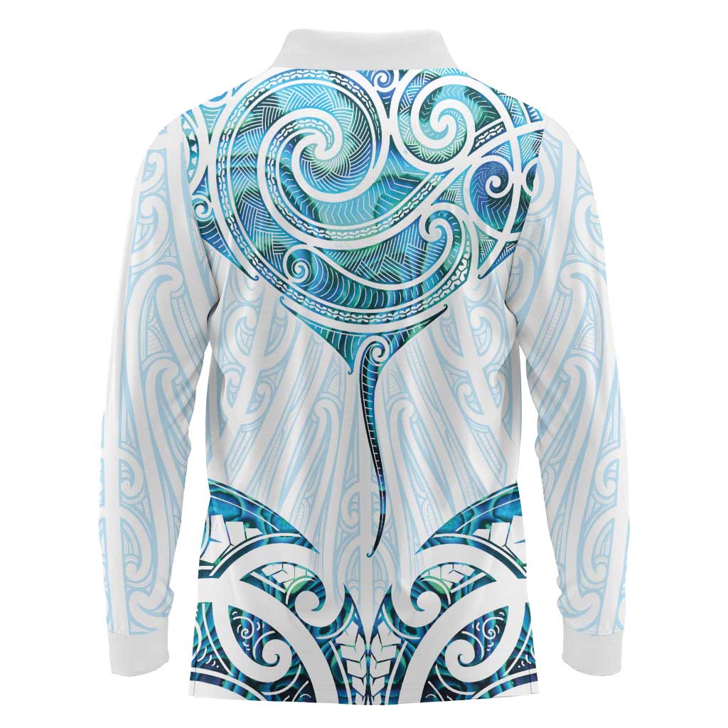 New Zealand Manta Ray Tattoo Long Sleeve Polo Shirt Aotearoa Maori Haehae Paua Shell - Polynesian Pride
