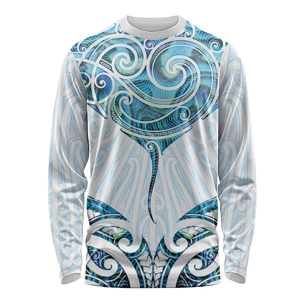 New Zealand Manta Ray Tattoo Long Sleeve Shirt Aotearoa Maori Haehae Paua Shell - Polynesian Pride