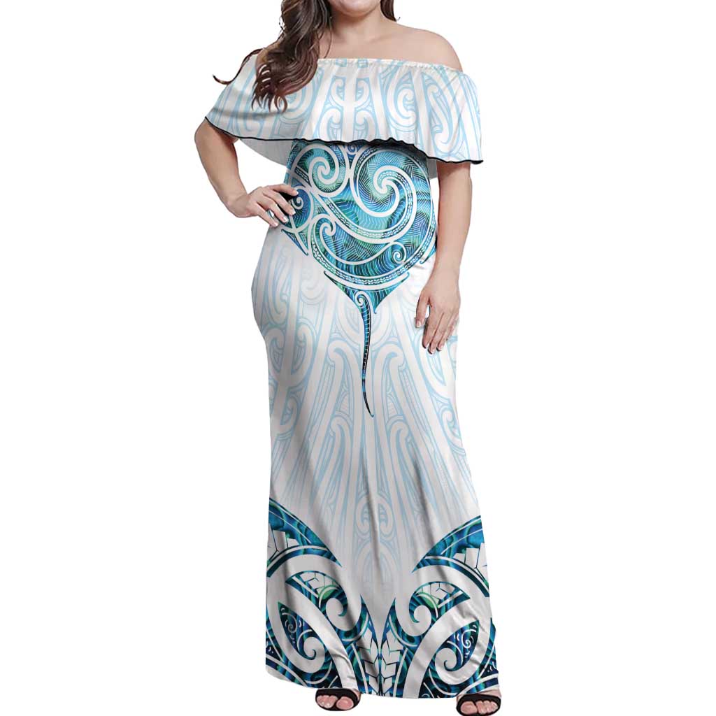 New Zealand Manta Ray Tattoo Off Shoulder Maxi Dress Aotearoa Maori Haehae Paua Shell - Polynesian Pride
