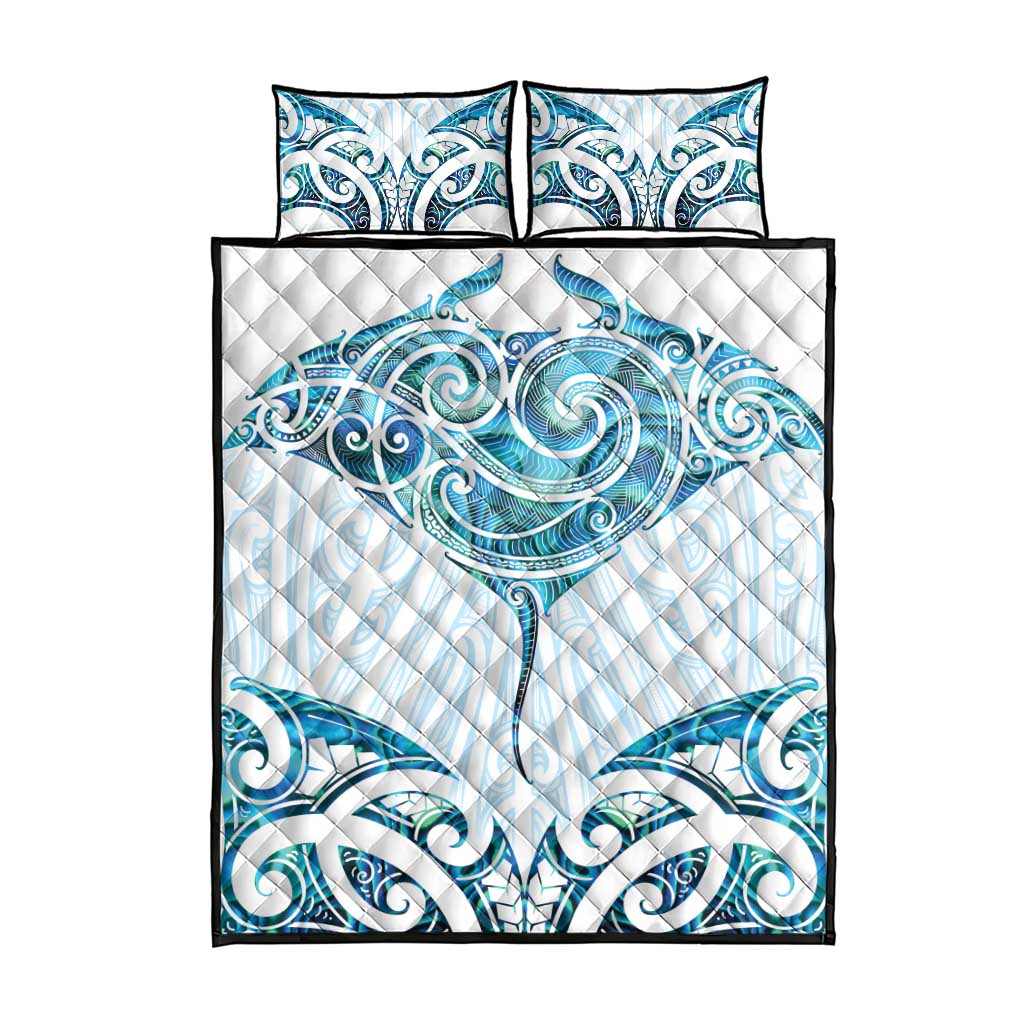 New Zealand Manta Ray Tattoo Quilt Bed Set Aotearoa Maori Haehae Paua Shell - Polynesian Pride