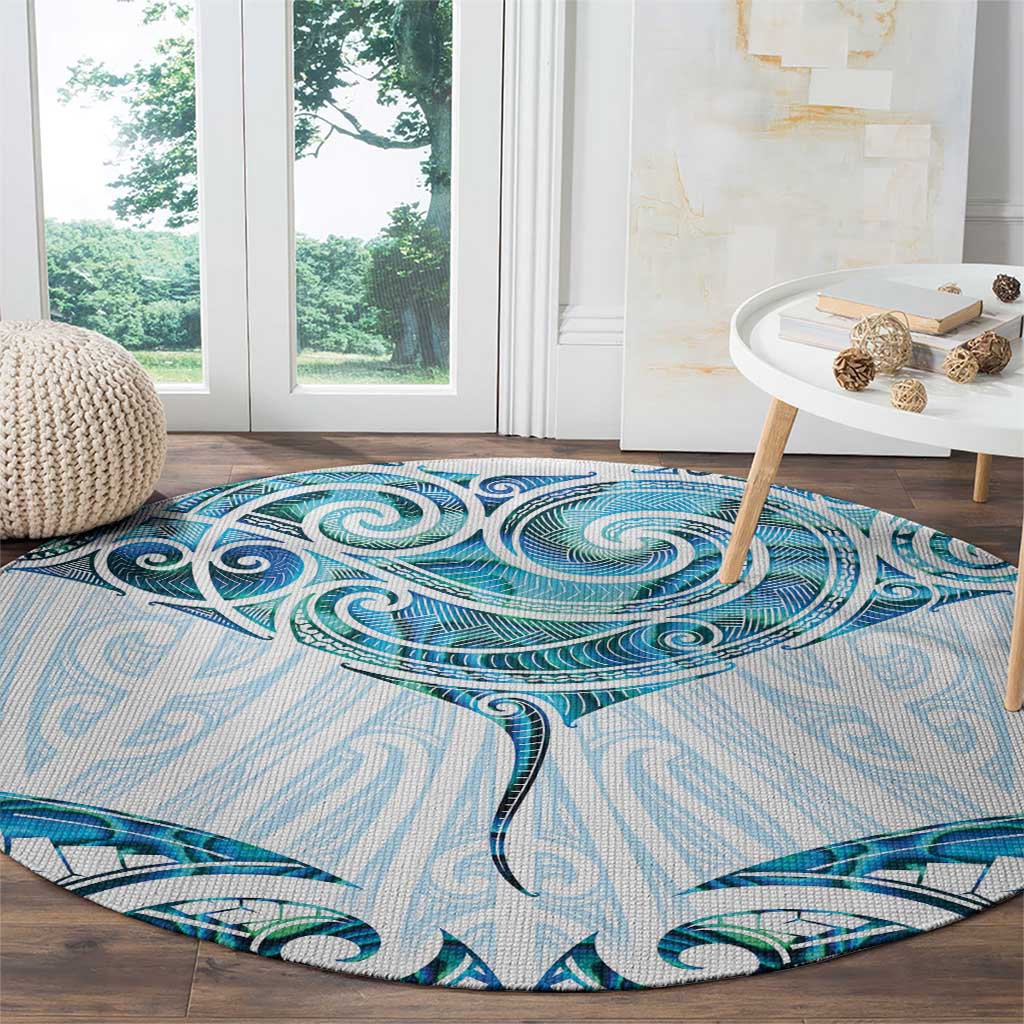 New Zealand Manta Ray Tattoo Round Carpet Aotearoa Maori Haehae Paua Shell - Polynesian Pride