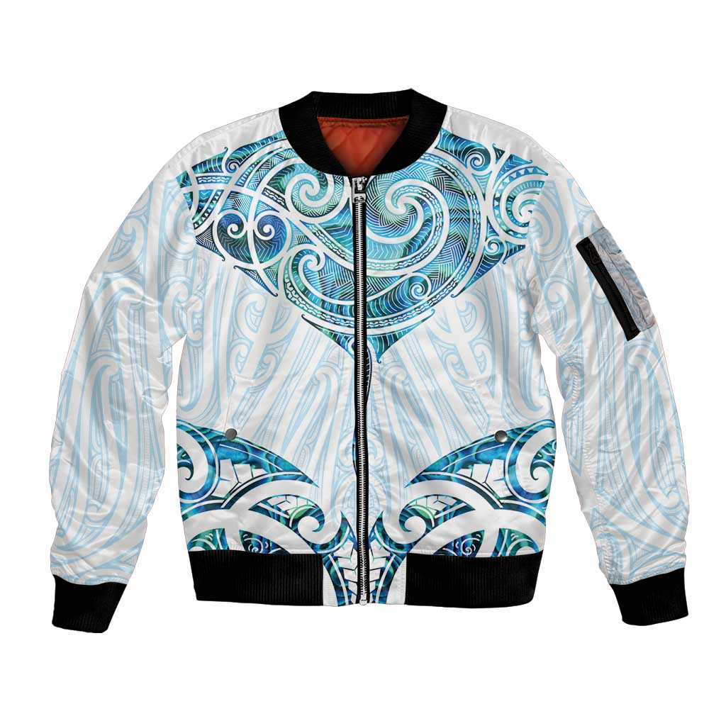 New Zealand Manta Ray Tattoo Sleeve Zip Bomber Jacket Aotearoa Maori Haehae Paua Shell - Polynesian Pride