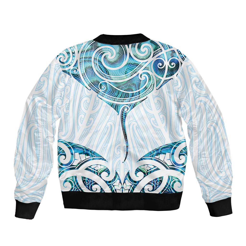 New Zealand Manta Ray Tattoo Sleeve Zip Bomber Jacket Aotearoa Maori Haehae Paua Shell - Polynesian Pride