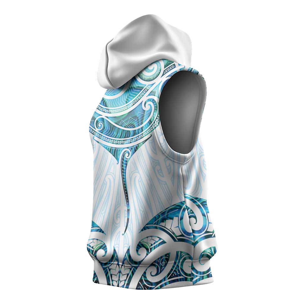New Zealand Manta Ray Tattoo Sleeveless Hoodie Aotearoa Maori Haehae Paua Shell - Polynesian Pride