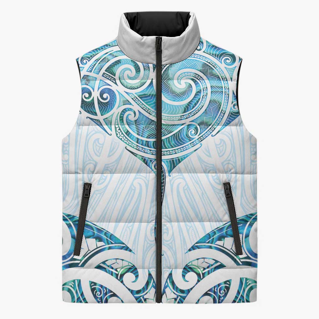 New Zealand Manta Ray Tattoo Sleeveless Puffer Jacket Aotearoa Maori Haehae Paua Shell - Polynesian Pride