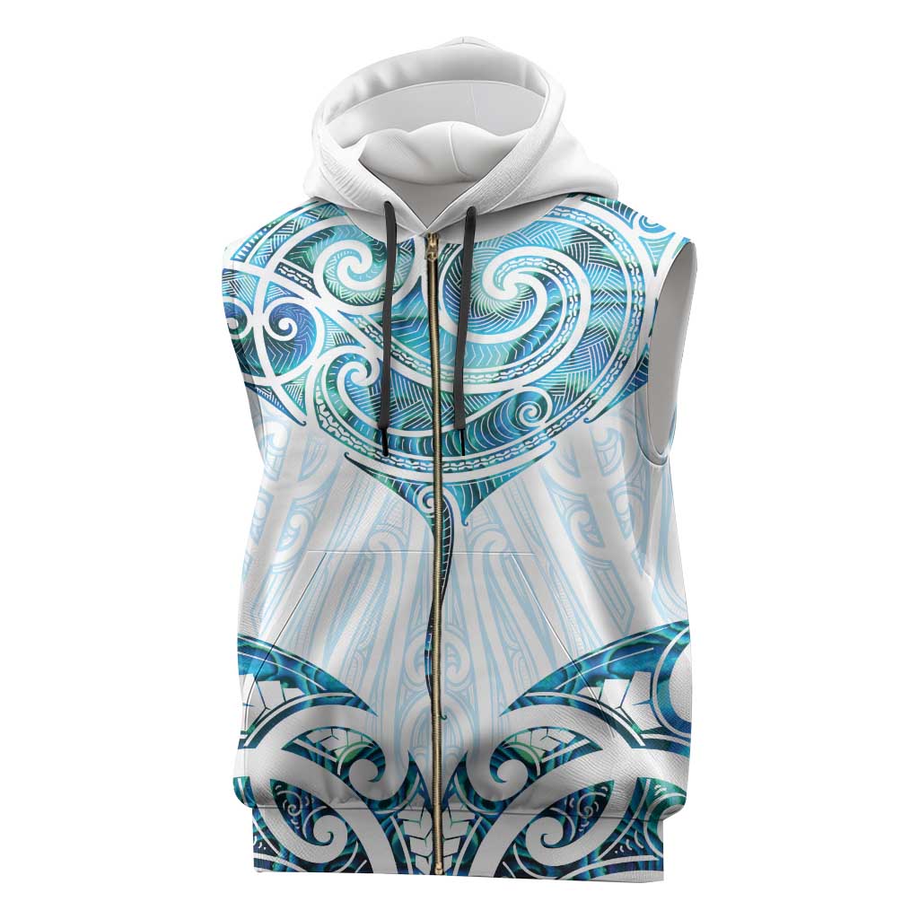 New Zealand Manta Ray Tattoo Sleeveless Zip Hoodie Aotearoa Maori Haehae Paua Shell - Polynesian Pride