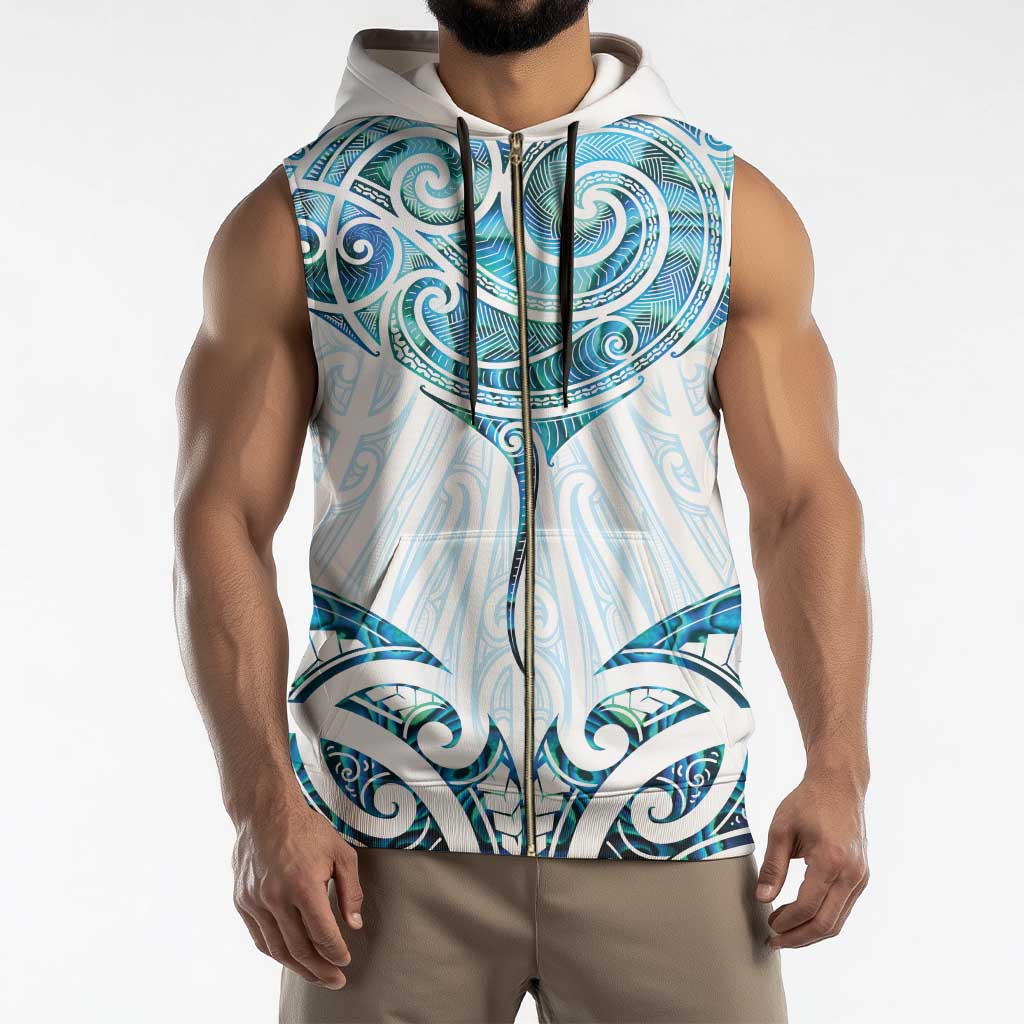 New Zealand Manta Ray Tattoo Sleeveless Zip Hoodie Aotearoa Maori Haehae Paua Shell - Polynesian Pride