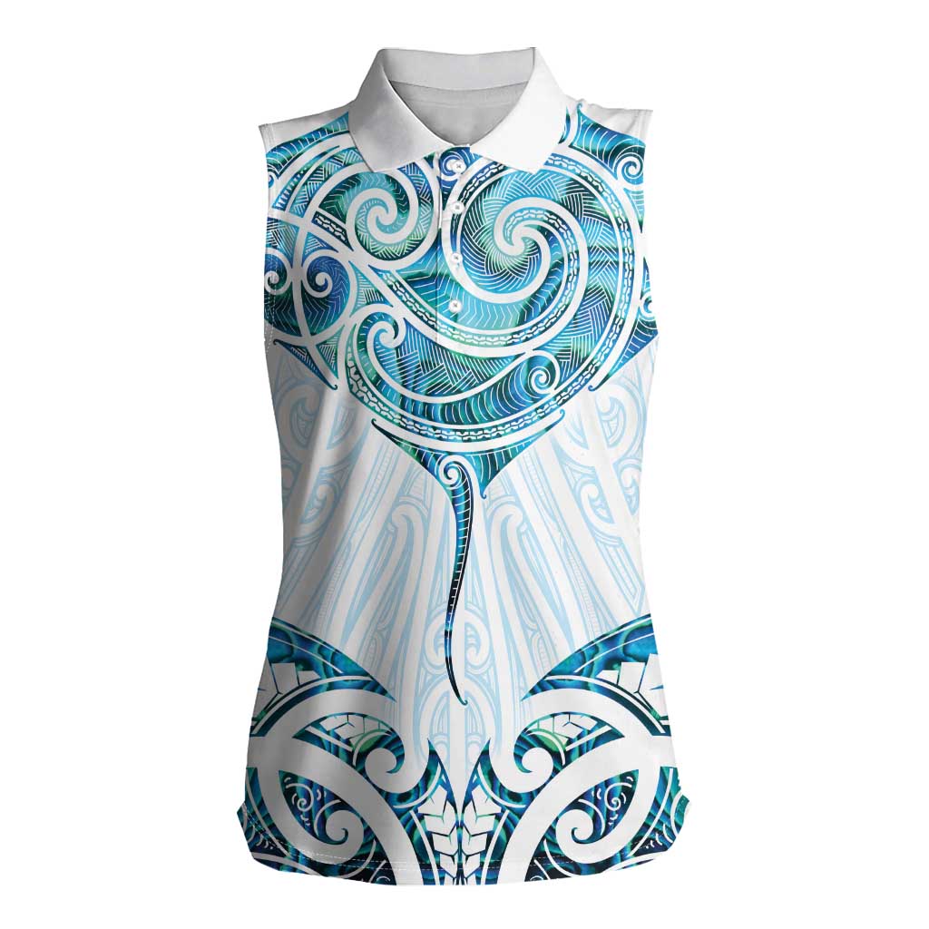 New Zealand Manta Ray Tattoo Women Sleeveless Polo Shirt Aotearoa Maori Haehae Paua Shell - Polynesian Pride