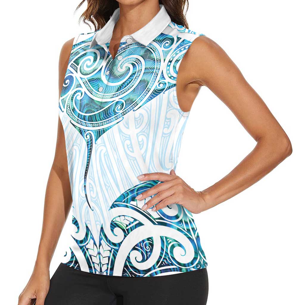 New Zealand Manta Ray Tattoo Women Sleeveless Polo Shirt Aotearoa Maori Haehae Paua Shell - Polynesian Pride
