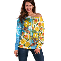 Aloha Hawaii Summer Off Shoulder Sweater Hawaiian Lei Surfing Mango Palaka Motifs LT14 Women Blue - Polynesian Pride