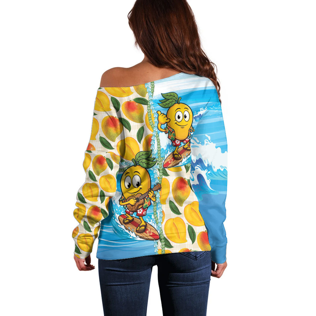 Aloha Hawaii Summer Off Shoulder Sweater Hawaiian Lei Surfing Mango Palaka Motifs LT14 - Polynesian Pride