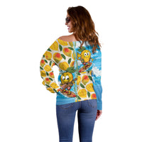Aloha Hawaii Summer Off Shoulder Sweater Hawaiian Lei Surfing Mango Palaka Motifs LT14 - Polynesian Pride