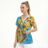 Aloha Hawaii Summer Scrub Top Hawaiian Lei Surfing Mango Palaka Motifs LT14 - Polynesian Pride
