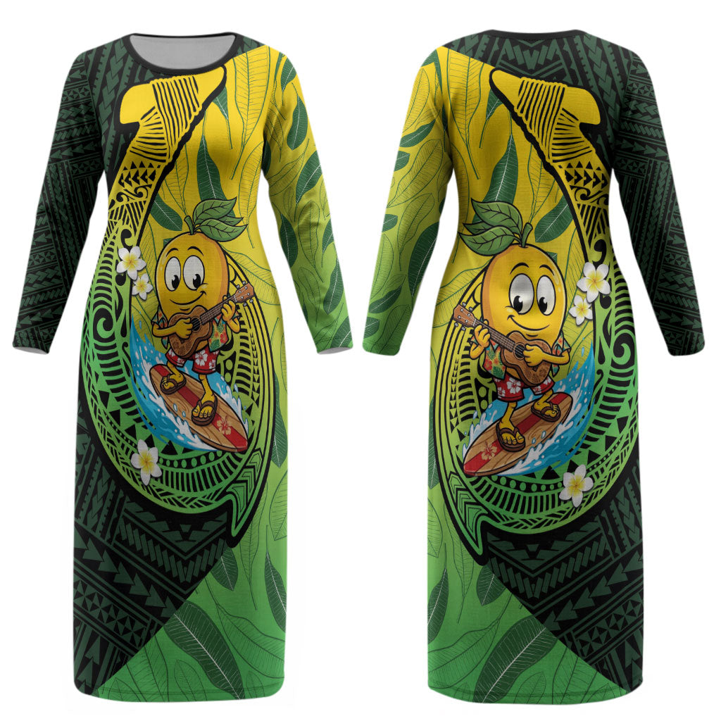 Hawaii Surfing Mango Couples Matching Long Sleeve Bodycon Dress and Hawaiian Shirt Manako Polynesian Fish Hook LT14 - Polynesian Pride