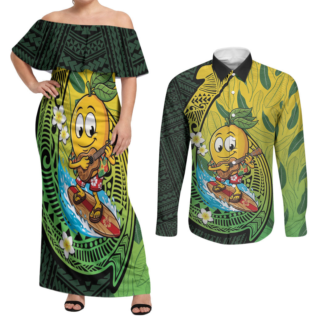 Hawaii Surfing Mango Couples Matching Off Shoulder Maxi Dress and Long Sleeve Button Shirt Manako Polynesian Fish Hook