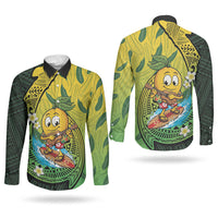 Hawaii Surfing Mango Couples Matching Off Shoulder Maxi Dress and Long Sleeve Button Shirt Manako Polynesian Fish Hook