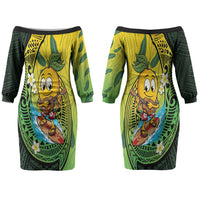 Hawaii Surfing Mango Couples Matching Off The Shoulder Long Sleeve Dress and Long Sleeve Button Shirt Manako Polynesian Fish Hook LT14 - Polynesian Pride