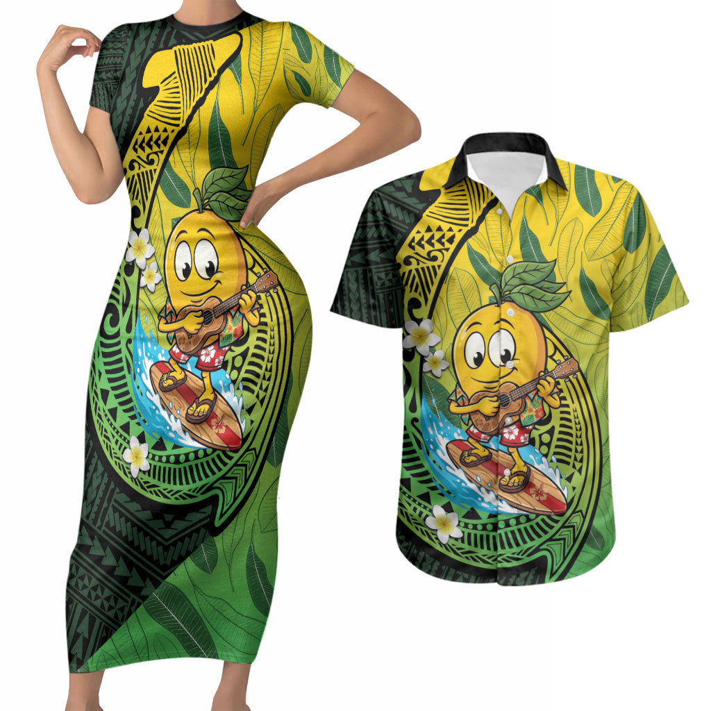 Hawaii Surfing Mango Couples Matching Short Sleeve Bodycon Dress and Hawaiian Shirt Manako Polynesian Fish Hook LT14 Green - Polynesian Pride