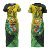 Hawaii Surfing Mango Couples Matching Short Sleeve Bodycon Dress and Hawaiian Shirt Manako Polynesian Fish Hook LT14 - Polynesian Pride