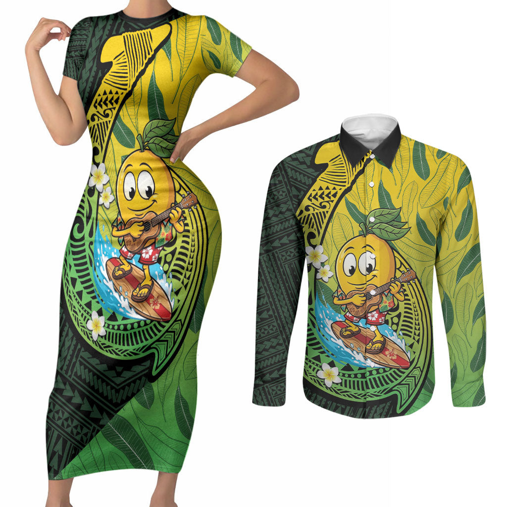 Hawaii Surfing Mango Couples Matching Short Sleeve Bodycon Dress and Long Sleeve Button Shirt Manako Polynesian Fish Hook