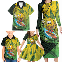 Hawaii Surfing Mango Family Matching Long Sleeve Bodycon Dress and Hawaiian Shirt Manako Polynesian Fish Hook LT14 - Polynesian Pride