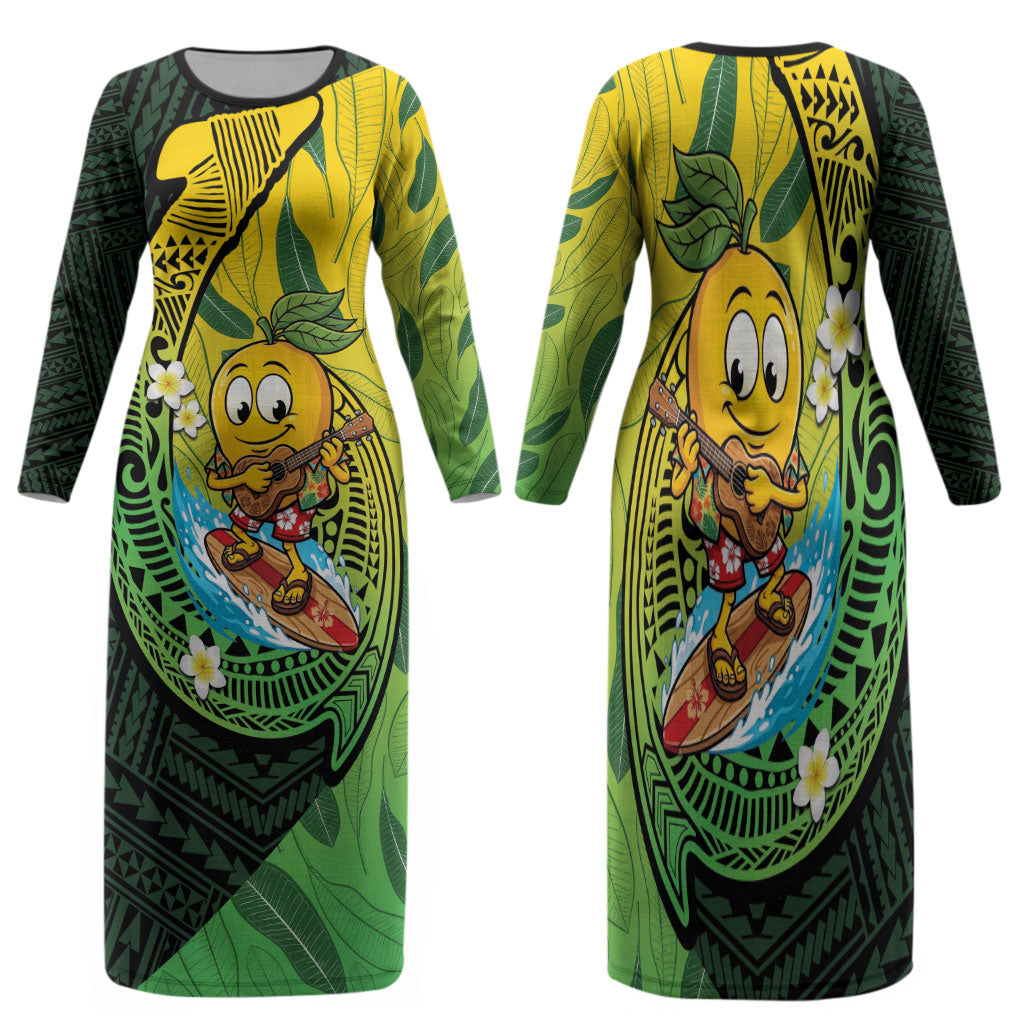 Hawaii Surfing Mango Family Matching Long Sleeve Bodycon Dress and Hawaiian Shirt Manako Polynesian Fish Hook LT14 Mom's Dress Green - Polynesian Pride