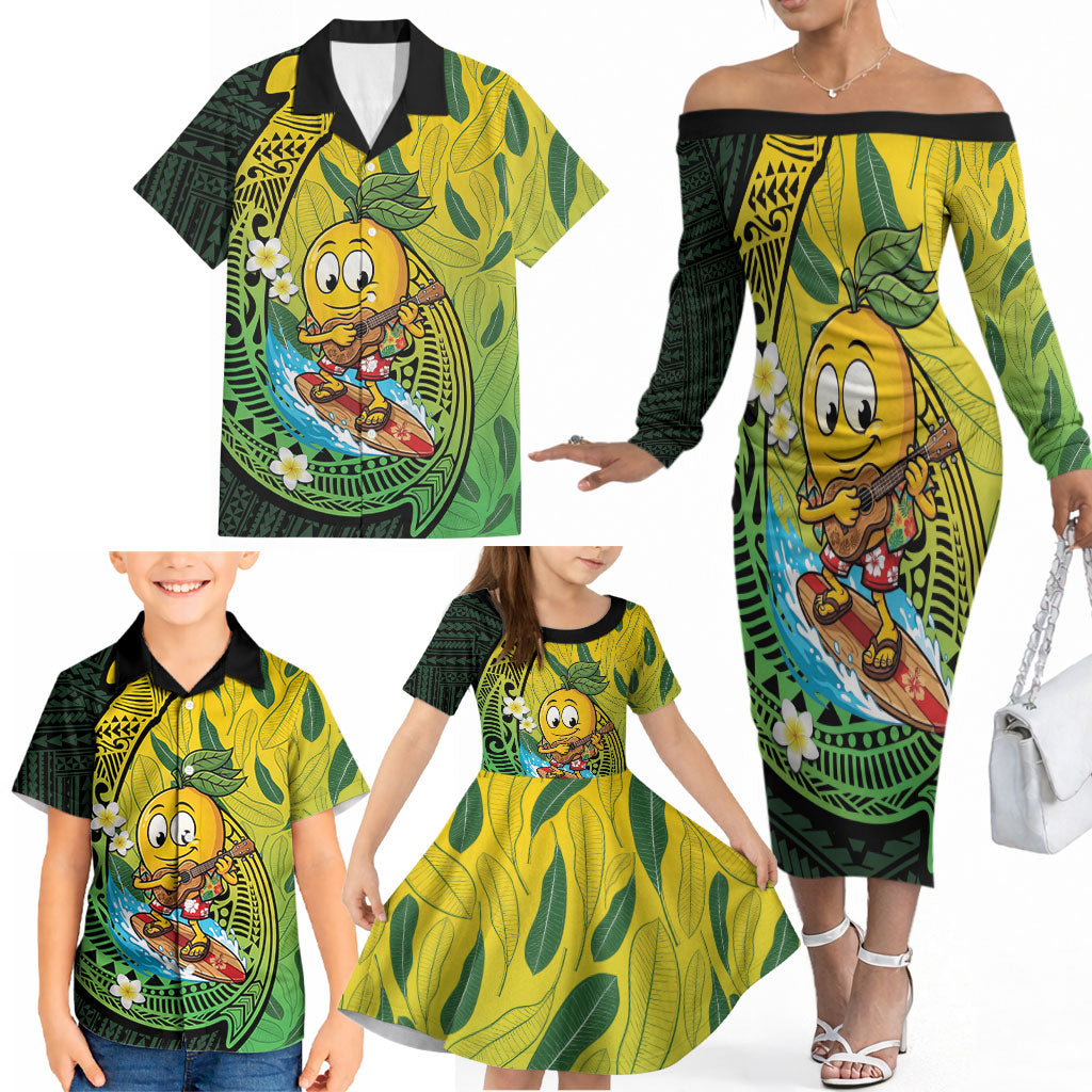 Hawaii Surfing Mango Family Matching Off The Shoulder Long Sleeve Dress and Hawaiian Shirt Manako Polynesian Fish Hook LT14 - Polynesian Pride
