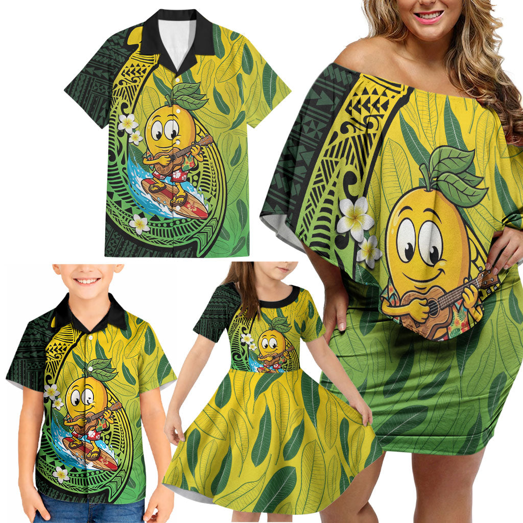 Hawaii Surfing Mango Family Matching Off Shoulder Short Dress and Hawaiian Shirt Manako Polynesian Fish Hook LT14 - Polynesian Pride