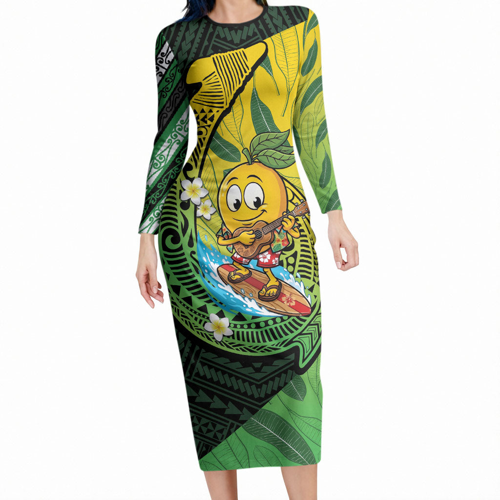 Hawaii Surfing Mango Long Sleeve Bodycon Dress Manako Polynesian Fish Hook LT14 Long Dress Green - Polynesian Pride