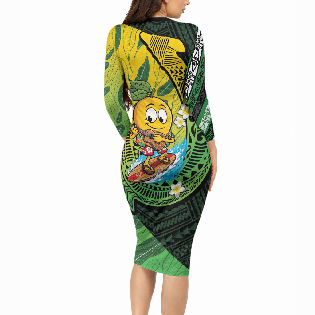 Hawaii Surfing Mango Long Sleeve Bodycon Dress Manako Polynesian Fish Hook LT14 - Polynesian Pride