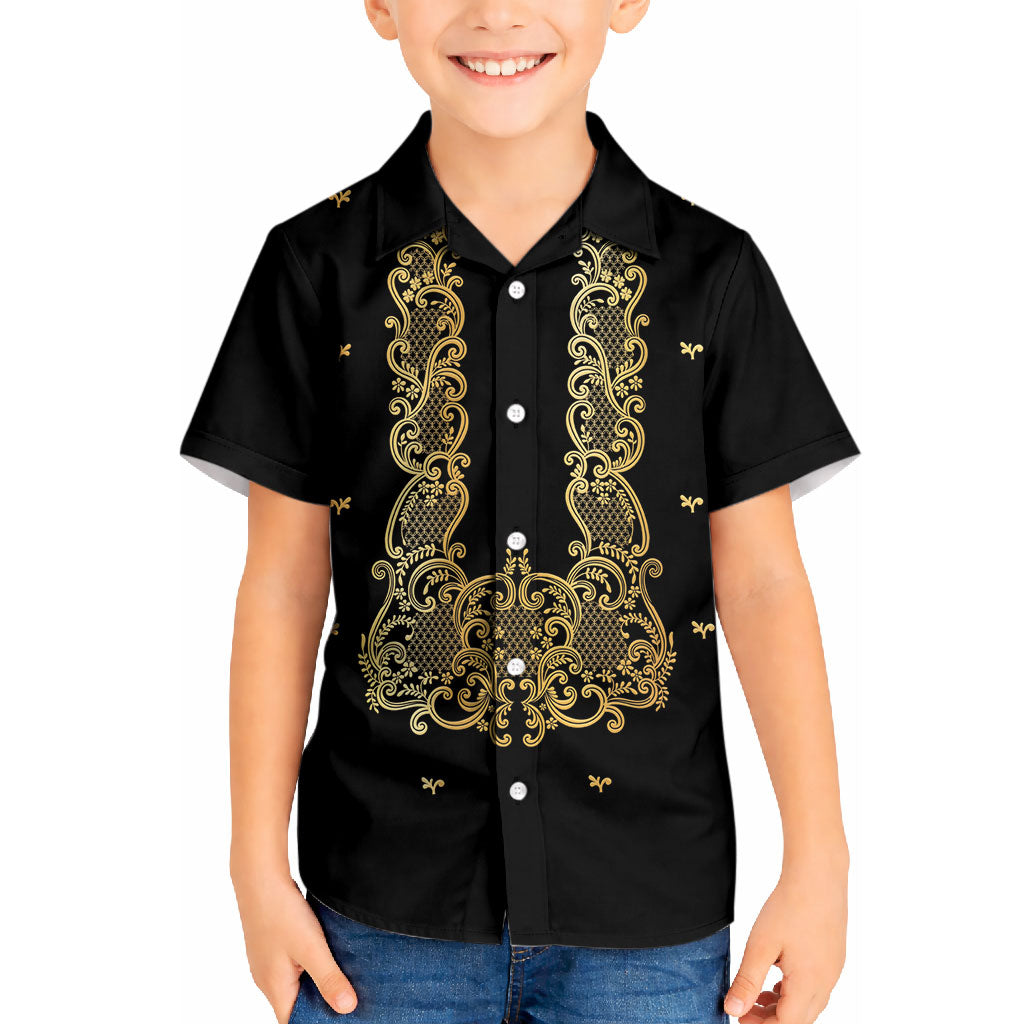 Philippines National Costume Kid Hawaiian Shirt Barong Tagalog Inspired Black Color LT14 Kid Black - Polynesian Pride