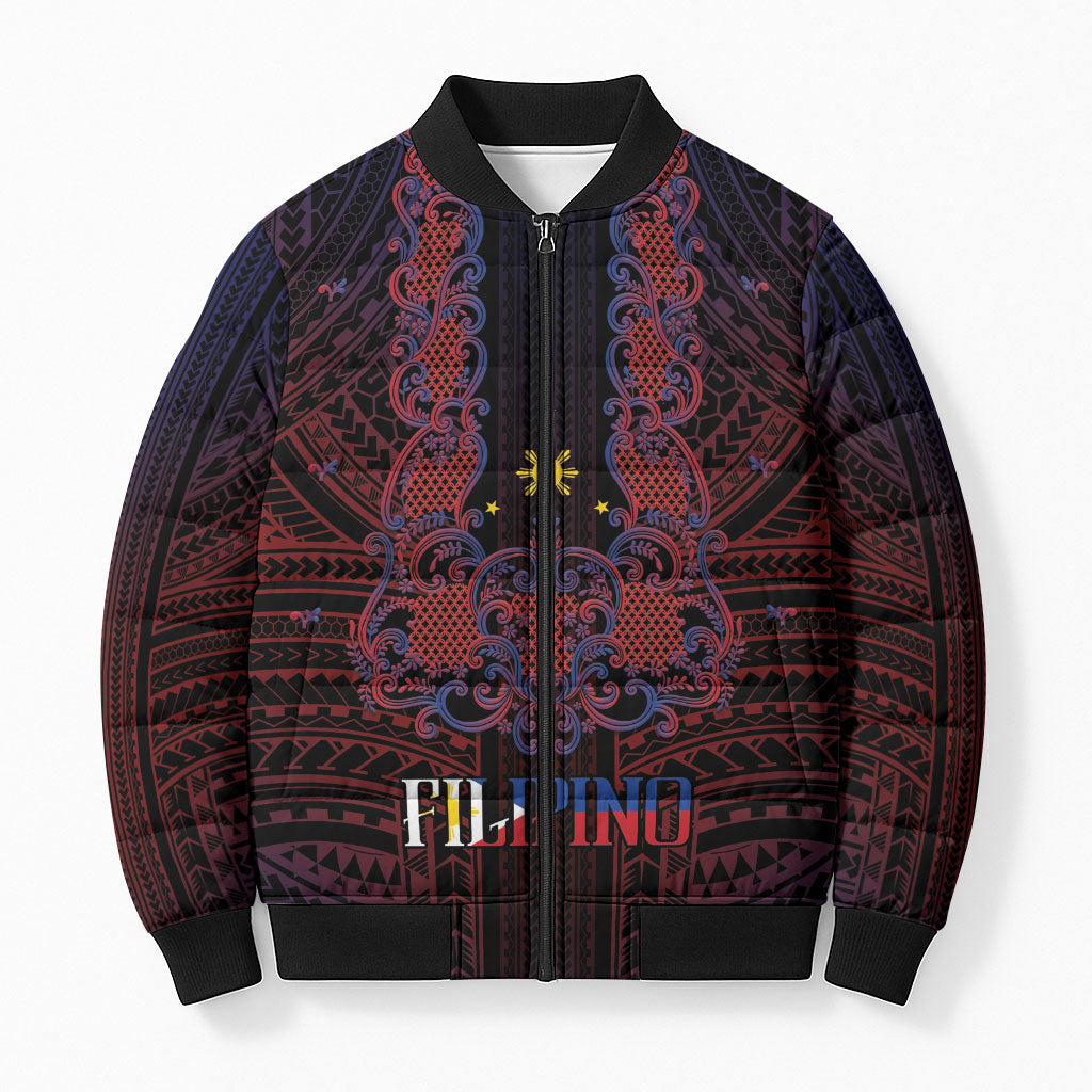 Filipino Barong Tagalog Inspired Personalised Bomber Puffer Jacket Mabuhay Philippines Festival Polynesian Pattern LT14 Unisex Black - Polynesian Pride