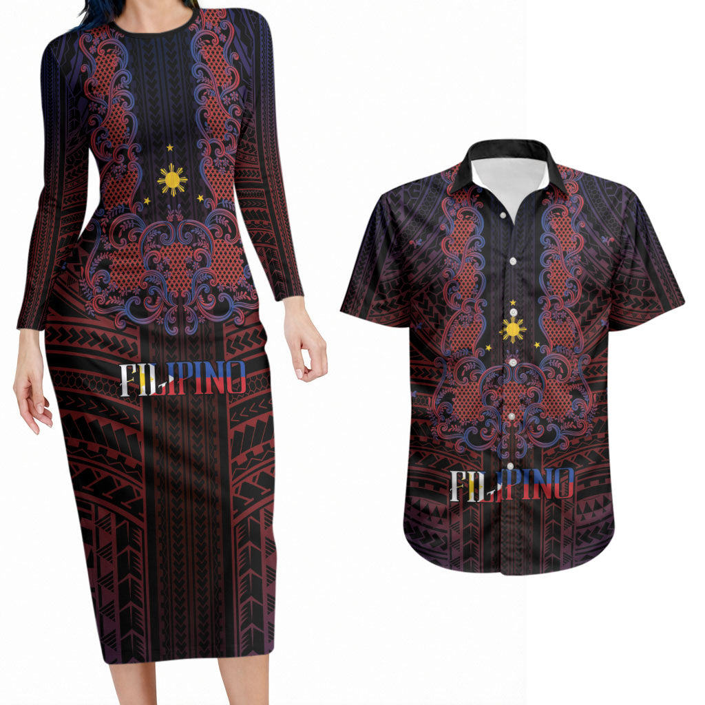 Filipino Barong Tagalog Inspired Personalised Couples Matching Long Sleeve Bodycon Dress and Hawaiian Shirt Mabuhay Philippines Festival Polynesian Pattern