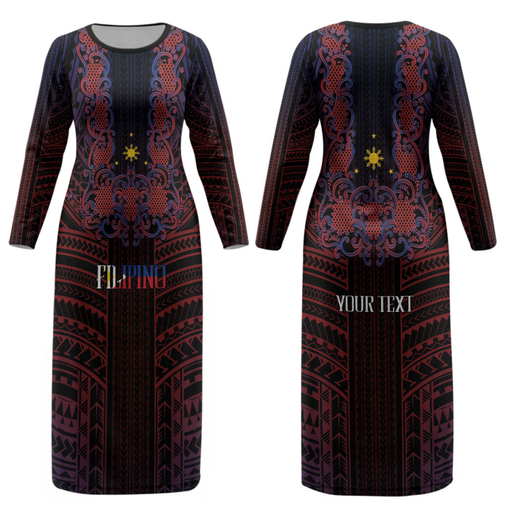 Filipino Barong Tagalog Inspired Personalised Couples Matching Long Sleeve Bodycon Dress and Hawaiian Shirt Mabuhay Philippines Festival Polynesian Pattern LT14 - Polynesian Pride
