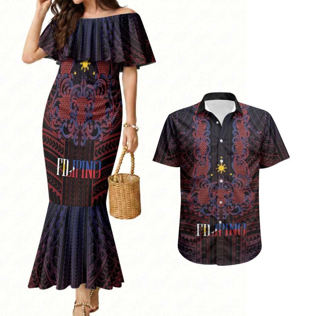 Filipino Barong Tagalog Inspired Personalised Couples Matching Mermaid Dress and Hawaiian Shirt Mabuhay Philippines Festival Polynesian Pattern LT14 Black - Polynesian Pride