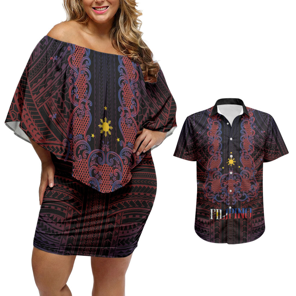 Filipino Barong Tagalog Inspired Personalised Couples Matching Off Shoulder Short Dress and Hawaiian Shirt Mabuhay Philippines Festival Polynesian Pattern