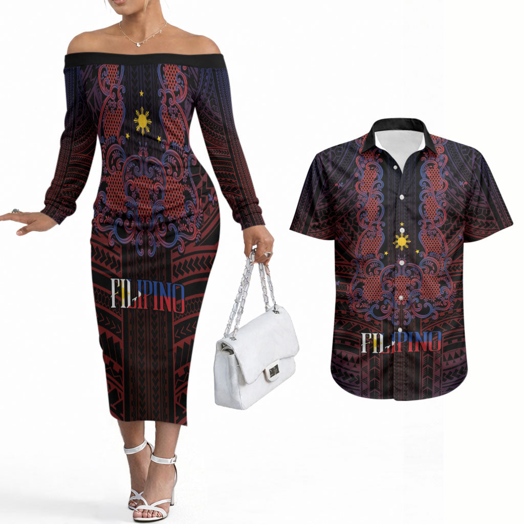 Filipino Barong Tagalog Inspired Personalised Couples Matching Off The Shoulder Long Sleeve Dress and Hawaiian Shirt Mabuhay Philippines Festival Polynesian Pattern LT14 Black - Polynesian Pride