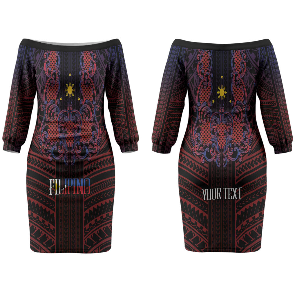 Filipino Barong Tagalog Inspired Personalised Couples Matching Off The Shoulder Long Sleeve Dress and Long Sleeve Button Shirt Mabuhay Philippines Festival Polynesian Pattern LT14 - Polynesian Pride