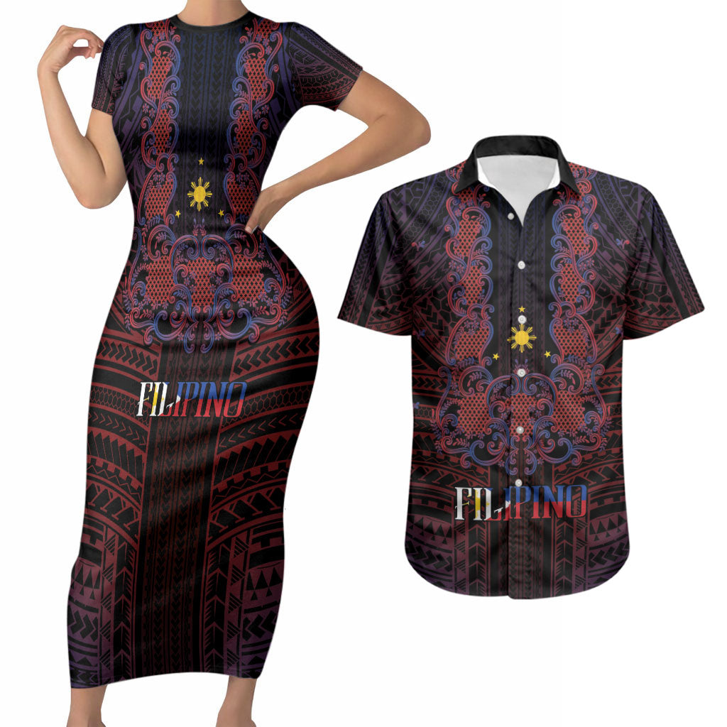 Filipino Barong Tagalog Inspired Personalised Couples Matching Short Sleeve Bodycon Dress and Hawaiian Shirt Mabuhay Philippines Festival Polynesian Pattern LT14 Black - Polynesian Pride