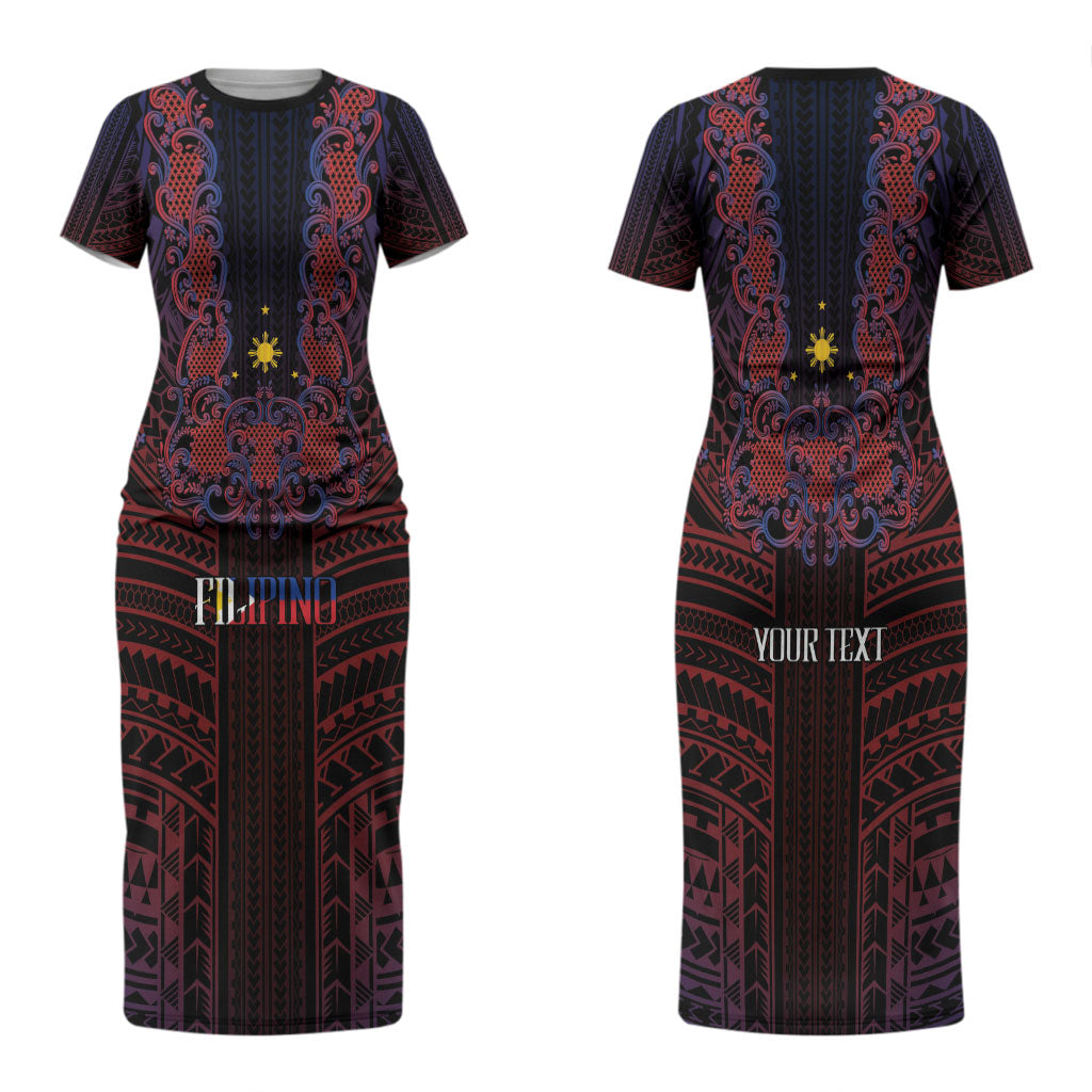 Filipino Barong Tagalog Inspired Personalised Couples Matching Short Sleeve Bodycon Dress and Hawaiian Shirt Mabuhay Philippines Festival Polynesian Pattern LT14 - Polynesian Pride