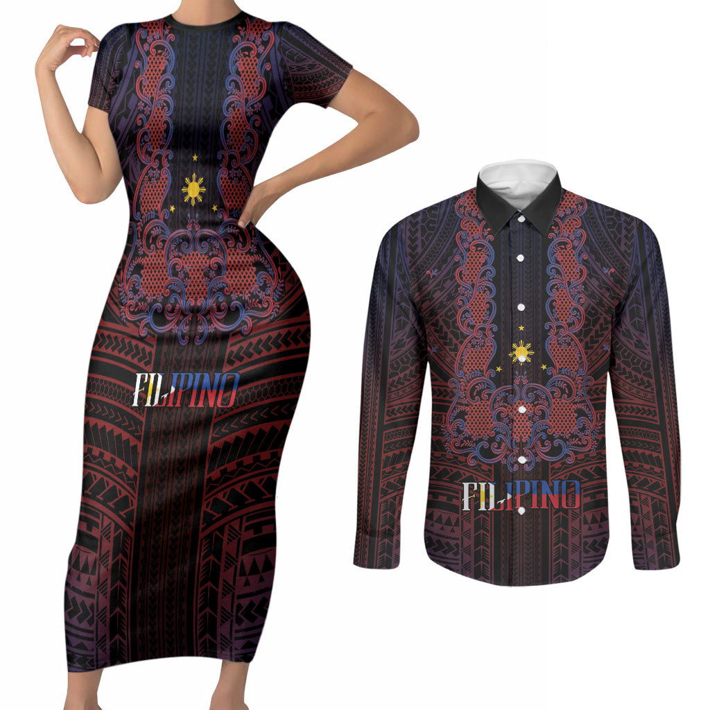 Filipino Barong Tagalog Inspired Personalised Couples Matching Short Sleeve Bodycon Dress and Long Sleeve Button Shirt Mabuhay Philippines Festival Polynesian Pattern