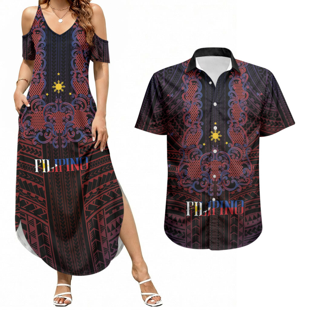 Filipino Barong Tagalog Inspired Personalised Couples Matching Summer Maxi Dress and Hawaiian Shirt Mabuhay Philippines Festival Polynesian Pattern