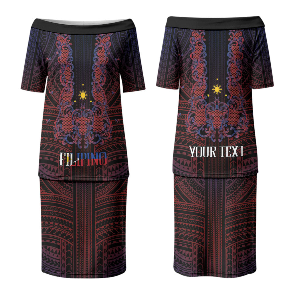 Filipino Barong Tagalog Inspired Personalised Family Matching Puletasi and Hawaiian Shirt Mabuhay Philippines Festival Polynesian Pattern LT14 Mom's Dress Black - Polynesian Pride