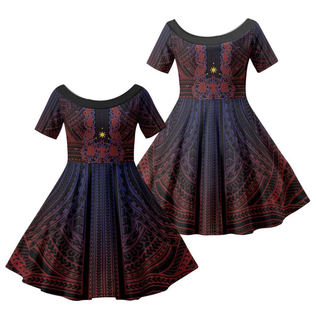 Filipino Barong Tagalog Inspired Personalised Family Matching Puletasi and Hawaiian Shirt Mabuhay Philippines Festival Polynesian Pattern LT14 Daughter's Dress Black - Polynesian Pride